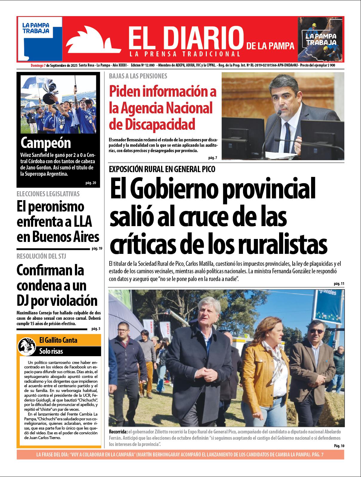 Tapa de El Diario en papel  domingo 07 de septiembre de 2025